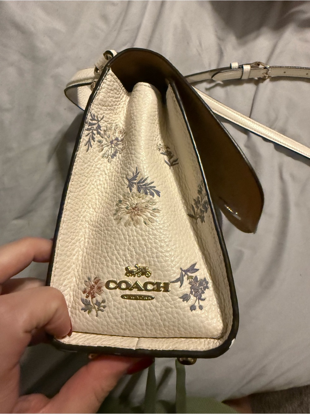 Floral-Print Cream Top-Handle Satchel - Picture 11 of 12